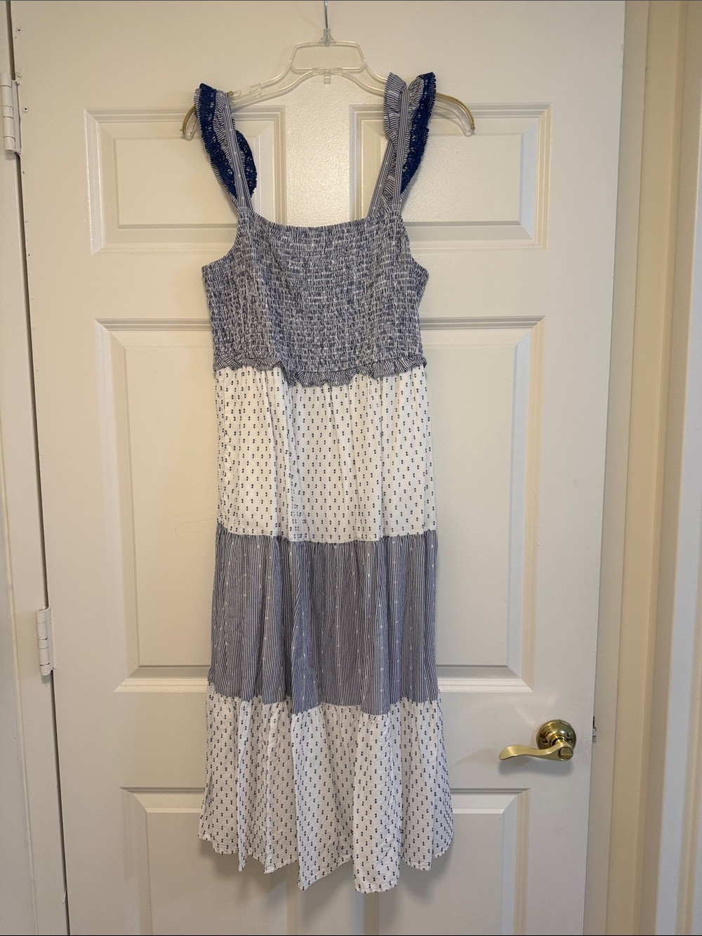 J. Crew Blue and White Tiered Maxi Dress